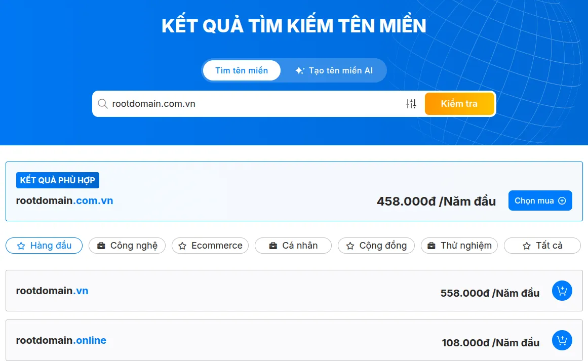 Điền tên miền muốn đăng ký vào ô tìm kiếm