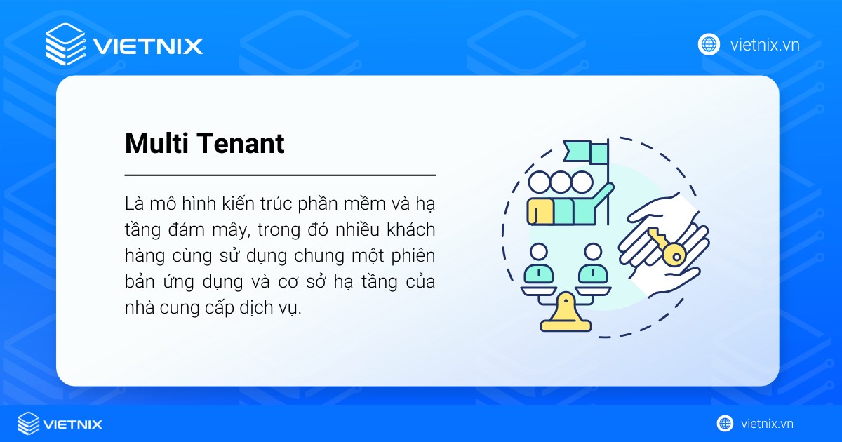 Multi Tenant là mô hình kiến trúc mà nhiều khách hàng cùng sử dụng chung một phiên bản ứng dụng của nhà cung cấp