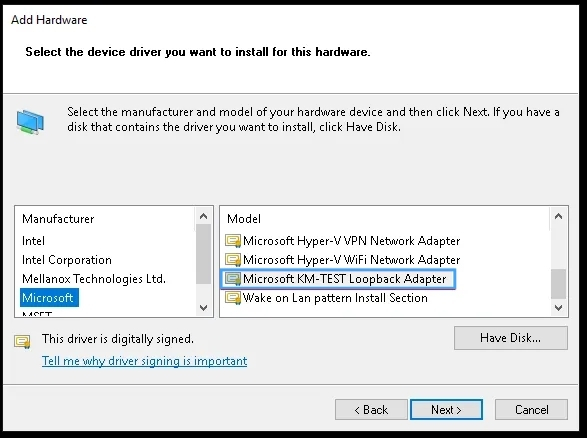 Chọn Microsoft KM-TEST Loopback Adapter
