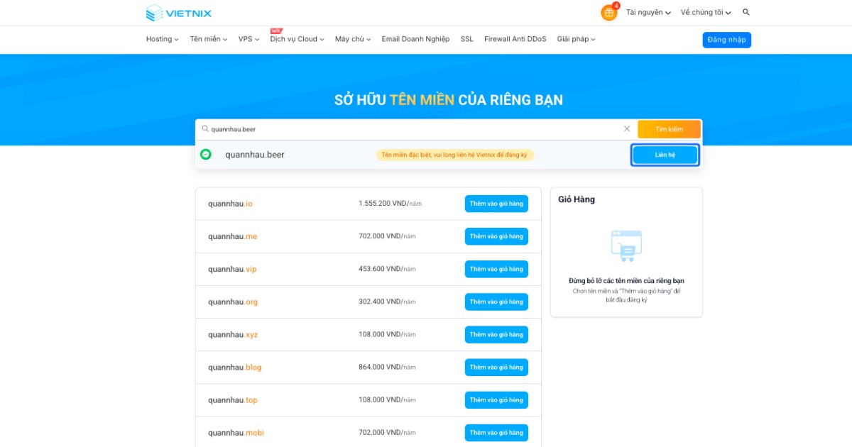 Chọn Liên hệ và nhận hướng dẫn đặt mua từ Vietnix