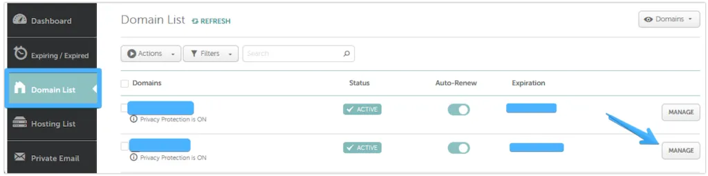 Chọn Domain List và Manage tại tên miền cần trỏ bản ghi 