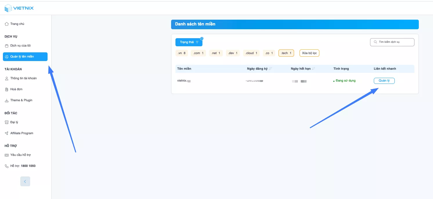 Chọn Quản lý tên miền
