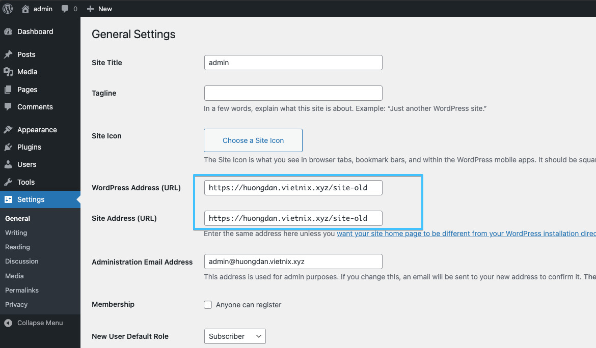Ghi nhận hai mục WordPress Address (URL) và Site Address (URL)
