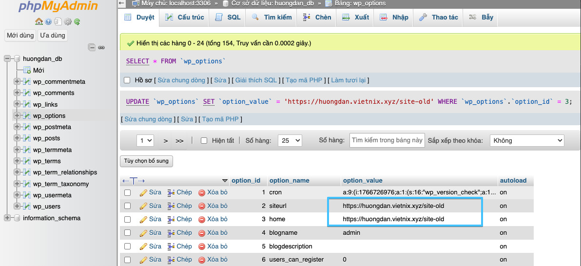 Chỉnh trực tiếp hai giá trị siteurl và home sang URL mới trong phpMyAdmin