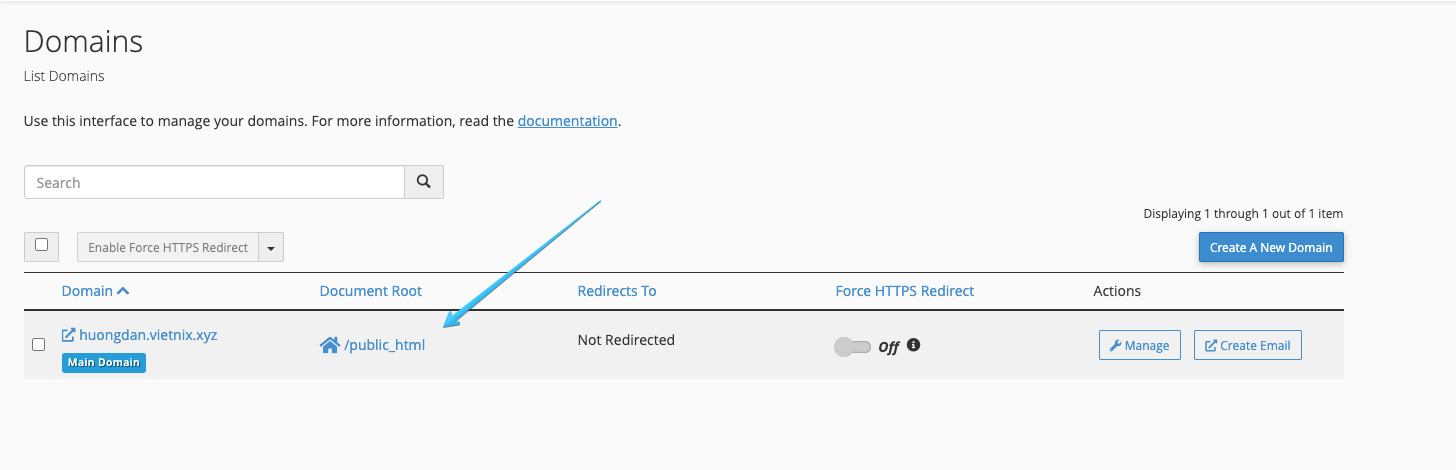 Tạo thư mục con dưới domain gốc