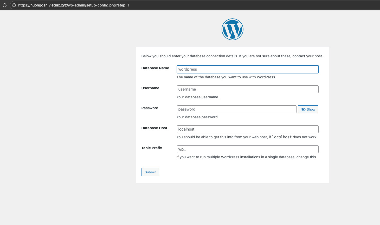 Chọn ngôn ngữ, nhập thông tin database và tiến hành cài đặt