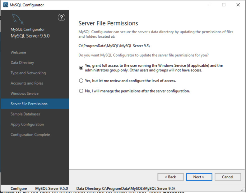 Xác định quyền truy cập vào thư mục dữ liệu đã được chọn