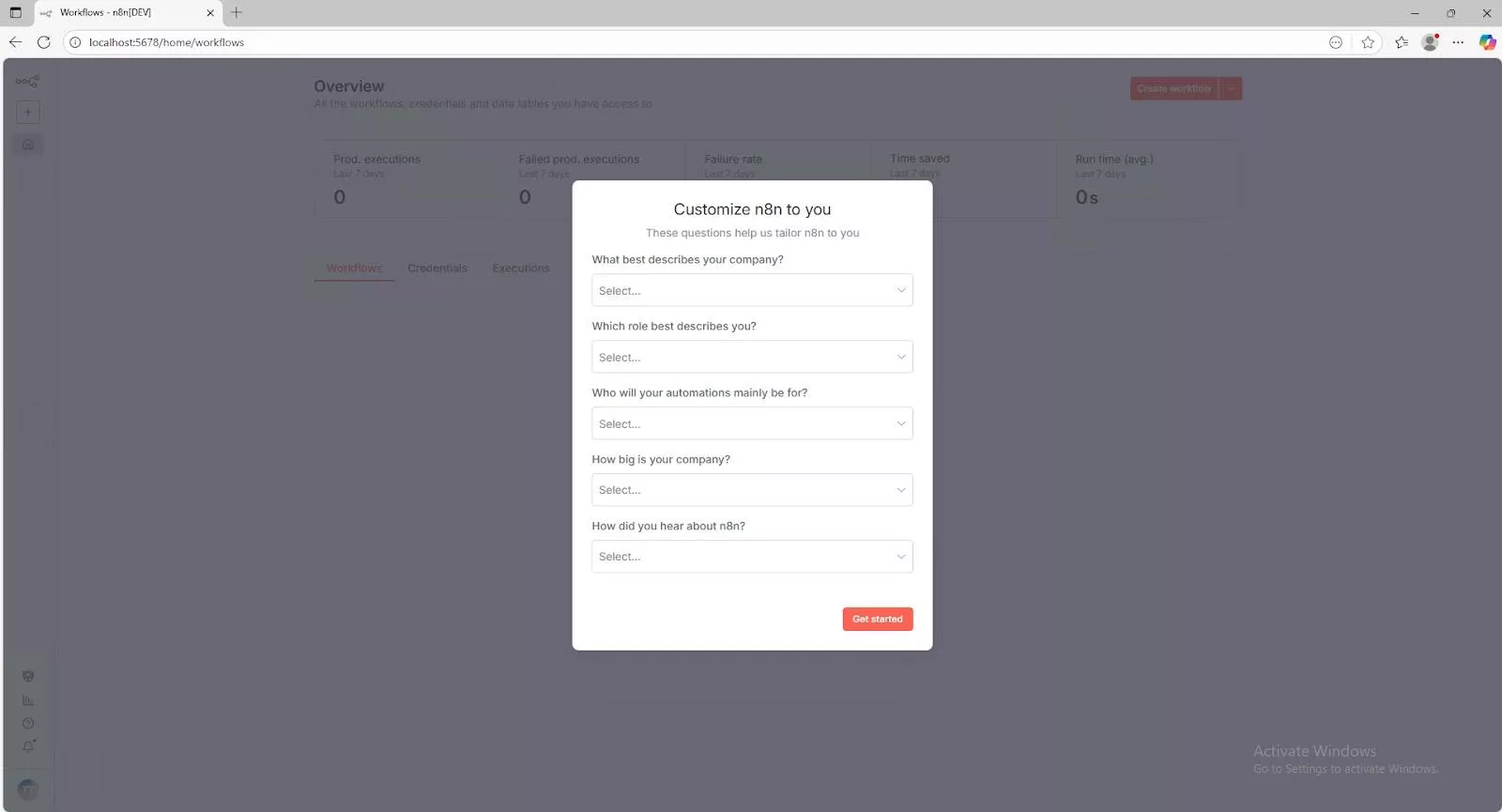 Form for customizing user preferences