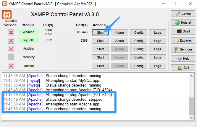 Khởi động lại Apache 