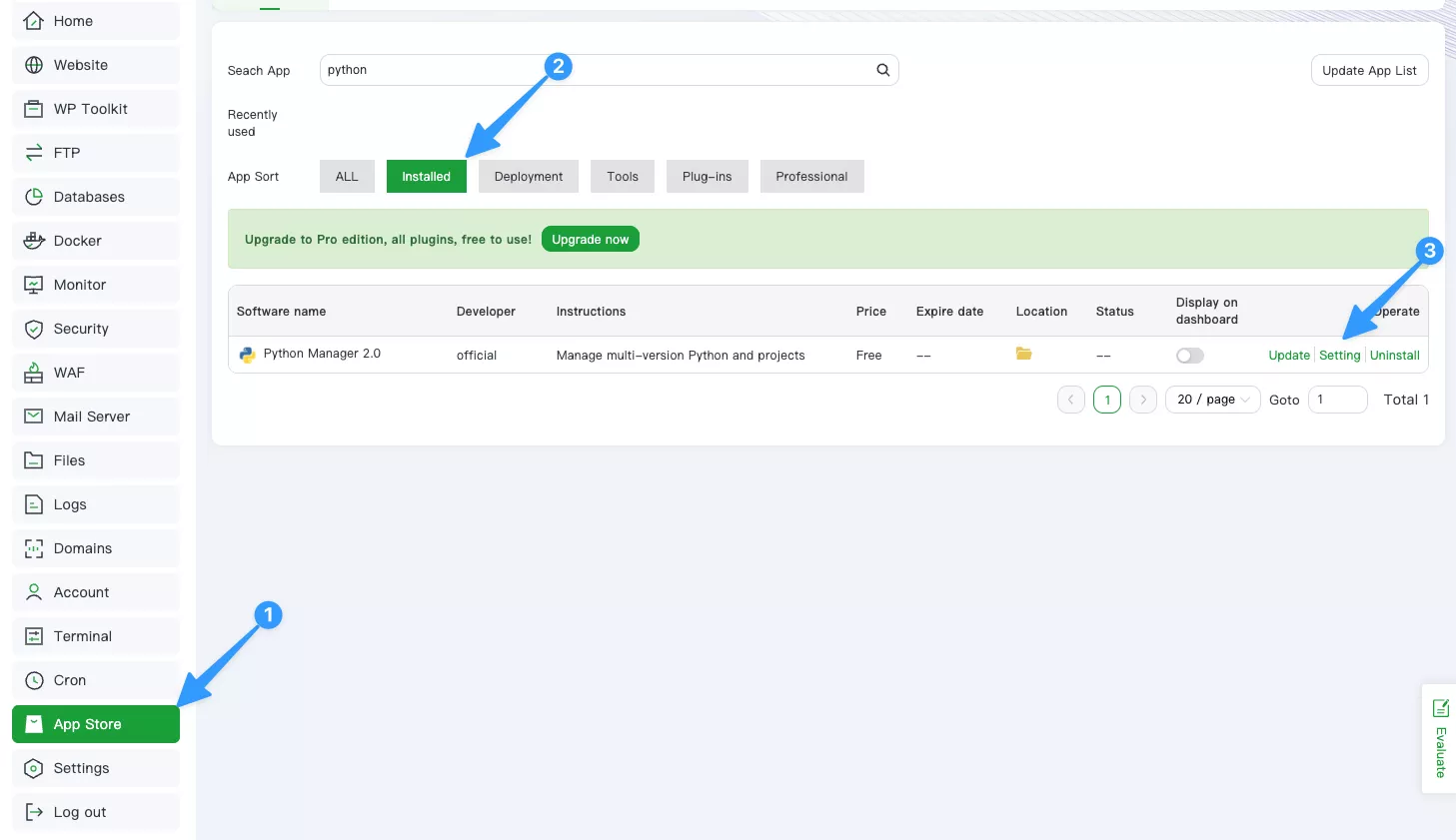 Nhấn Setting tại plugin Python Manager 