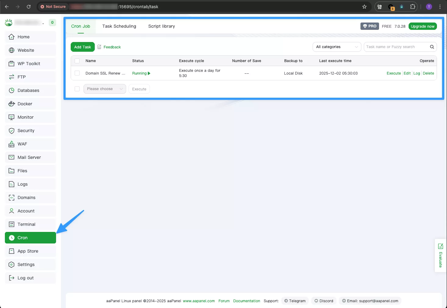 Vị trí Cron trong menu aaPanel 
