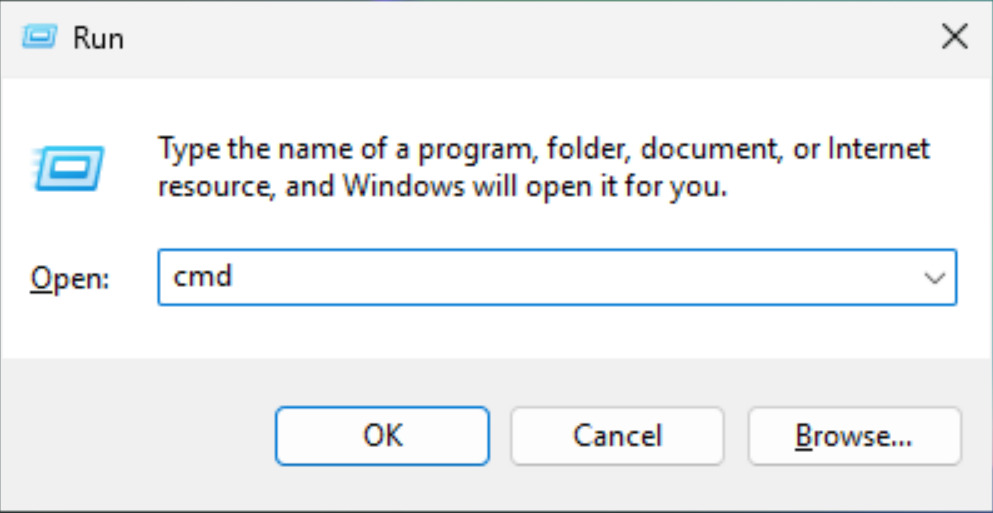 Nhập lệnh cmd và nhấn OK để mở cửa sổ Command Prompt