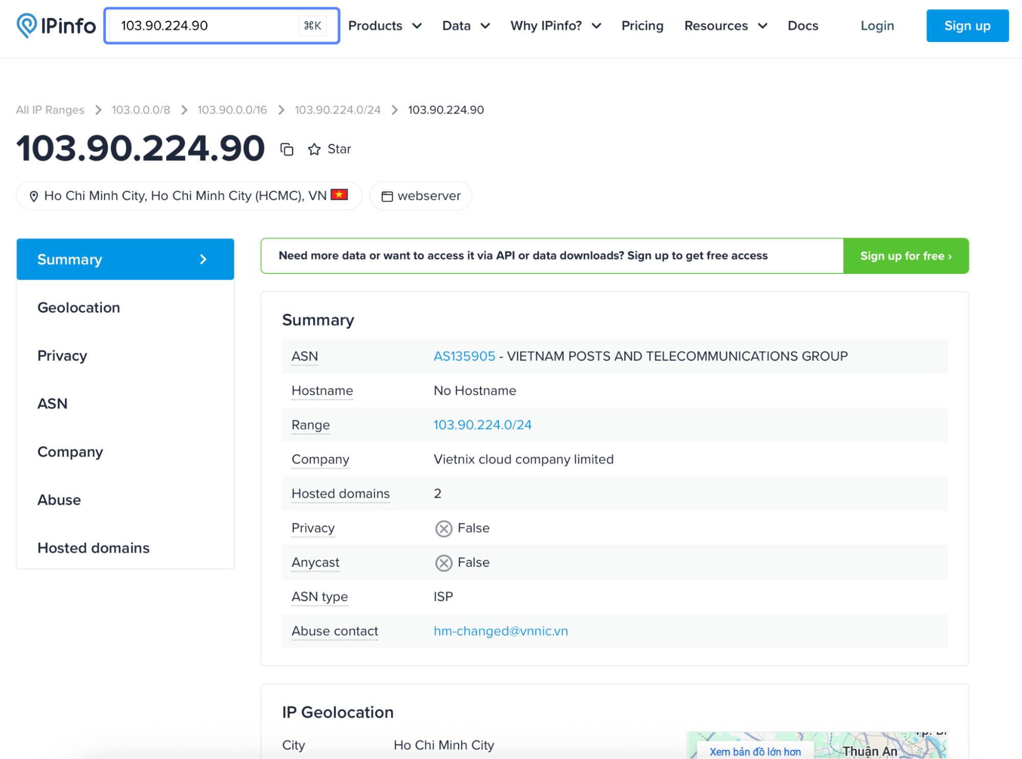 Sử dụng ipinfo.io để xác định vị trí từ địa chỉ IP