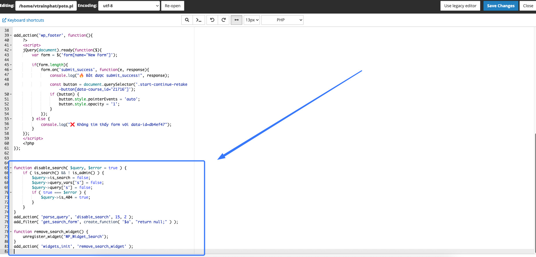 Chèn đoạn code vô hiệu hóa tìm kiếm vào cuối file