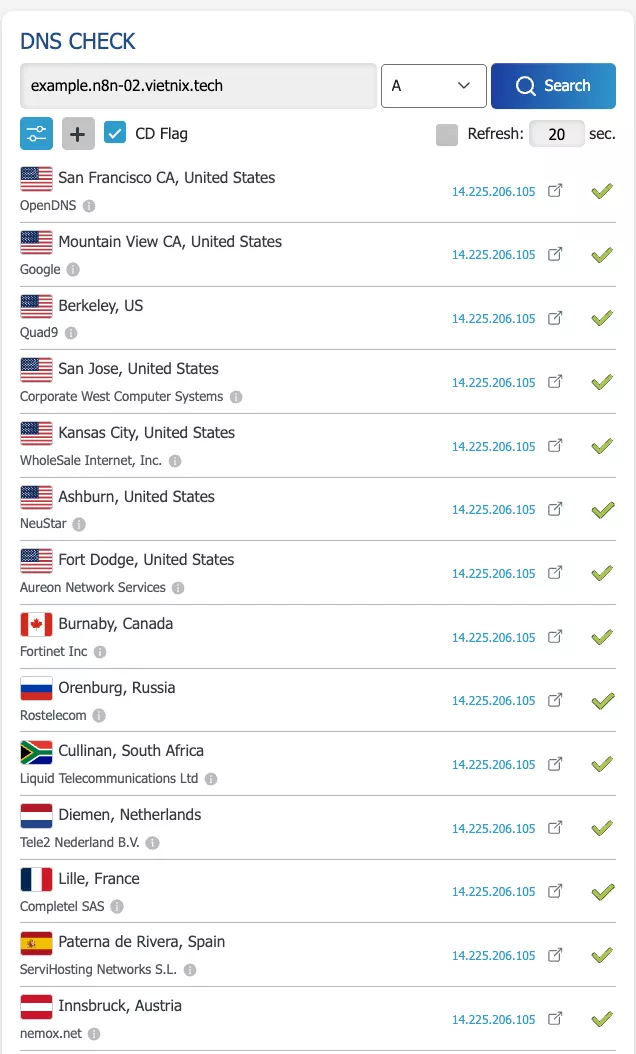 Cách đổi domain trên VPS dùng template n8n chi tiết nhất 20 Kiểm tra hiệu lực DNS record A