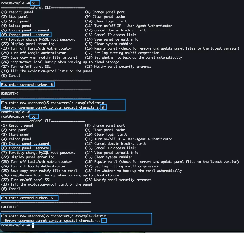 Thông báo lỗi khi đổi username aaPanel