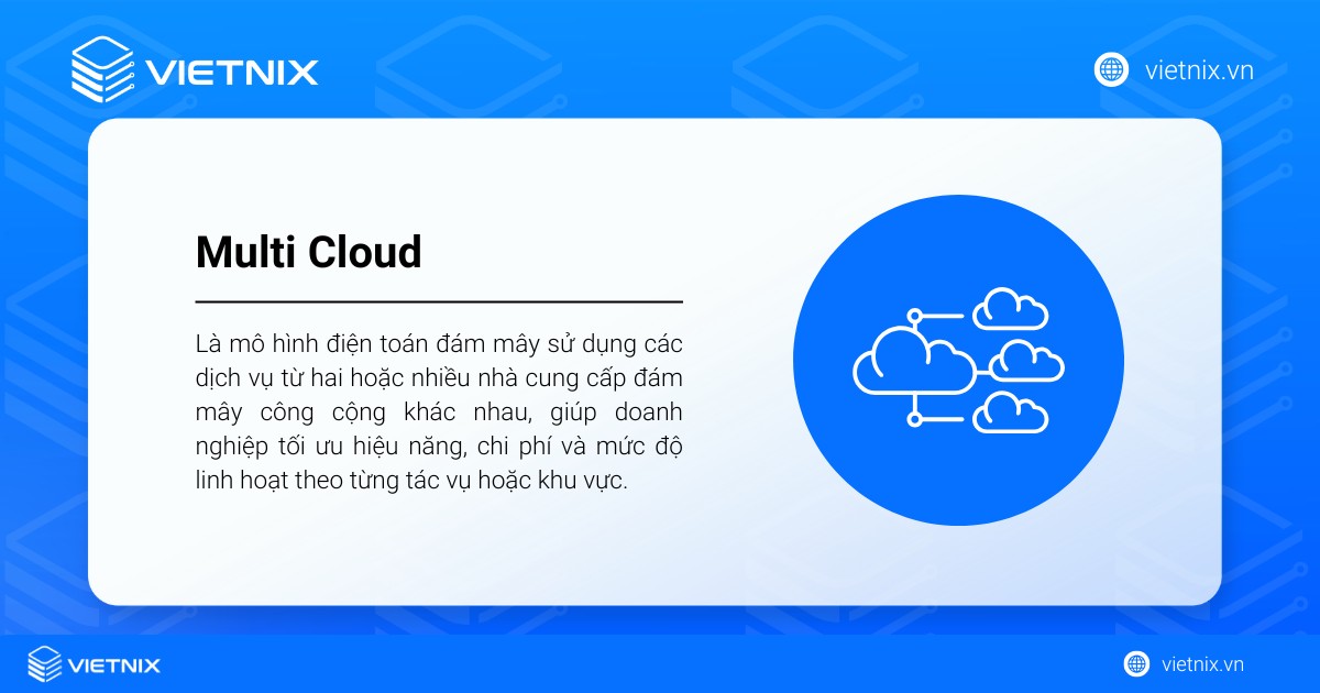 Multi Cloud là mô hình điện toán đám mây sử dụng các dịch vụ từ hai hoặc nhiều nhà cung cấp đám mây công cộng