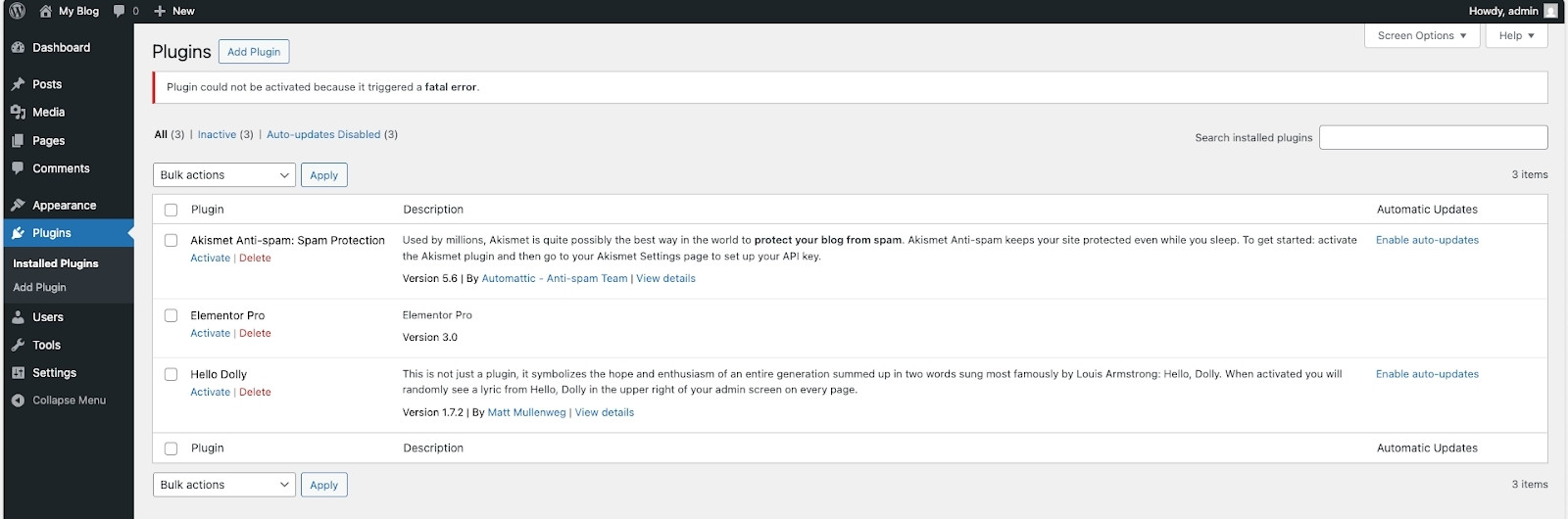Lỗi "Plugin could not be activated because it triggered a fatal error" trên WordPress là lỗi xuất hiện khi plugin bạn muốn kích hoạt gặp phải một sự cố nghiêm trọng