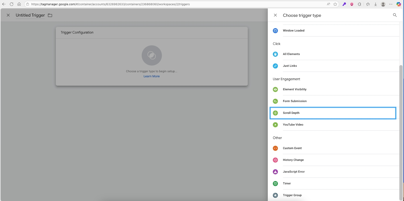 Sau đó bạn chọn loại trình kích hoạt là Scroll Depth