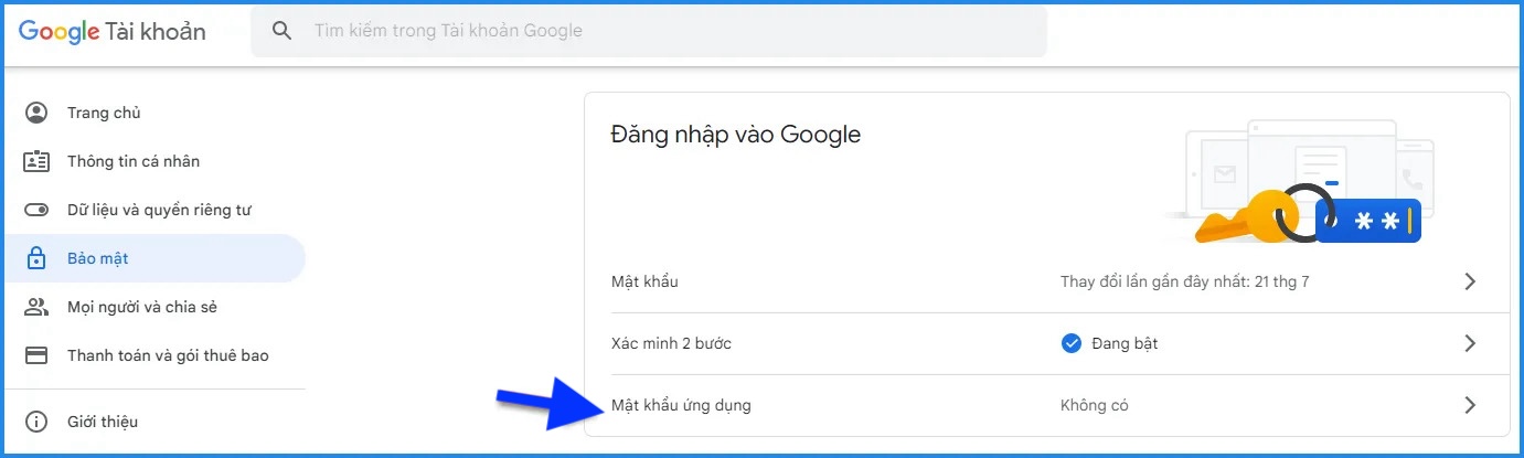 Click vào Mật khẩu ứng dụng