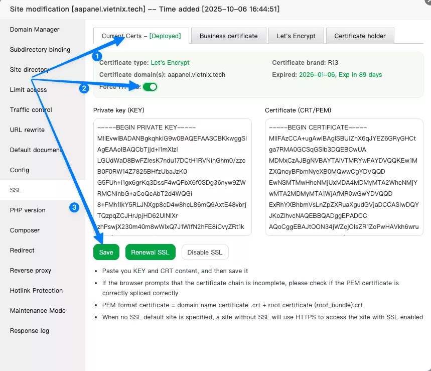 Tick chọn Force HTTPS 