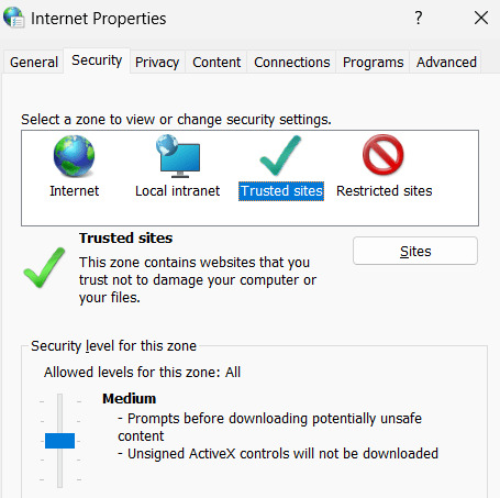 Chọn Trusted Sites