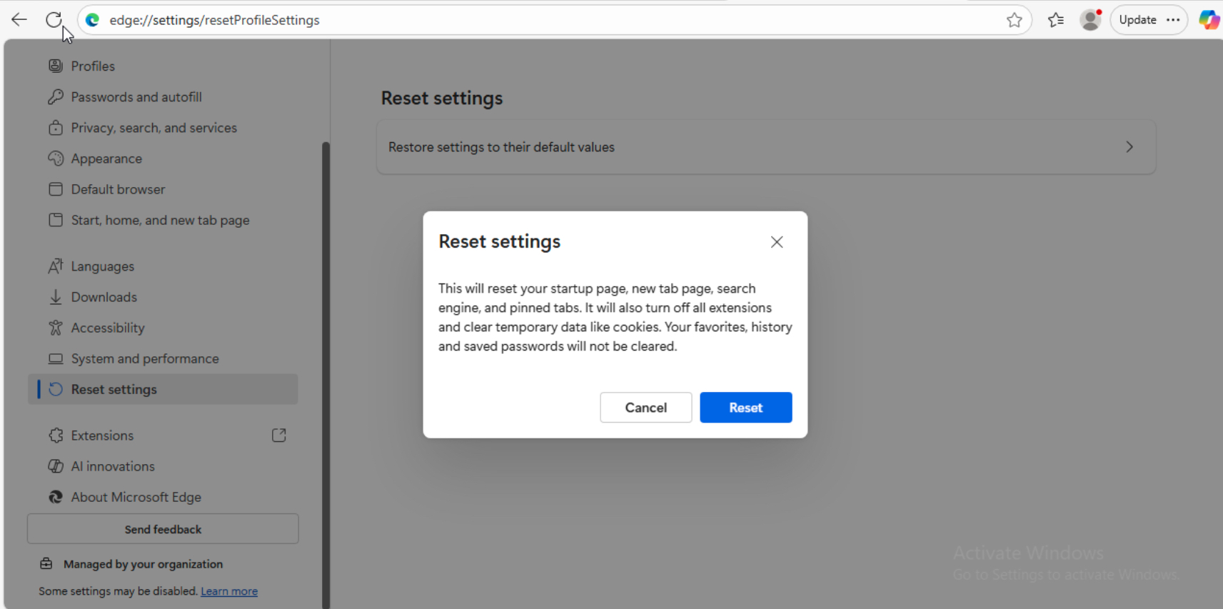 Chọn Reset Settings