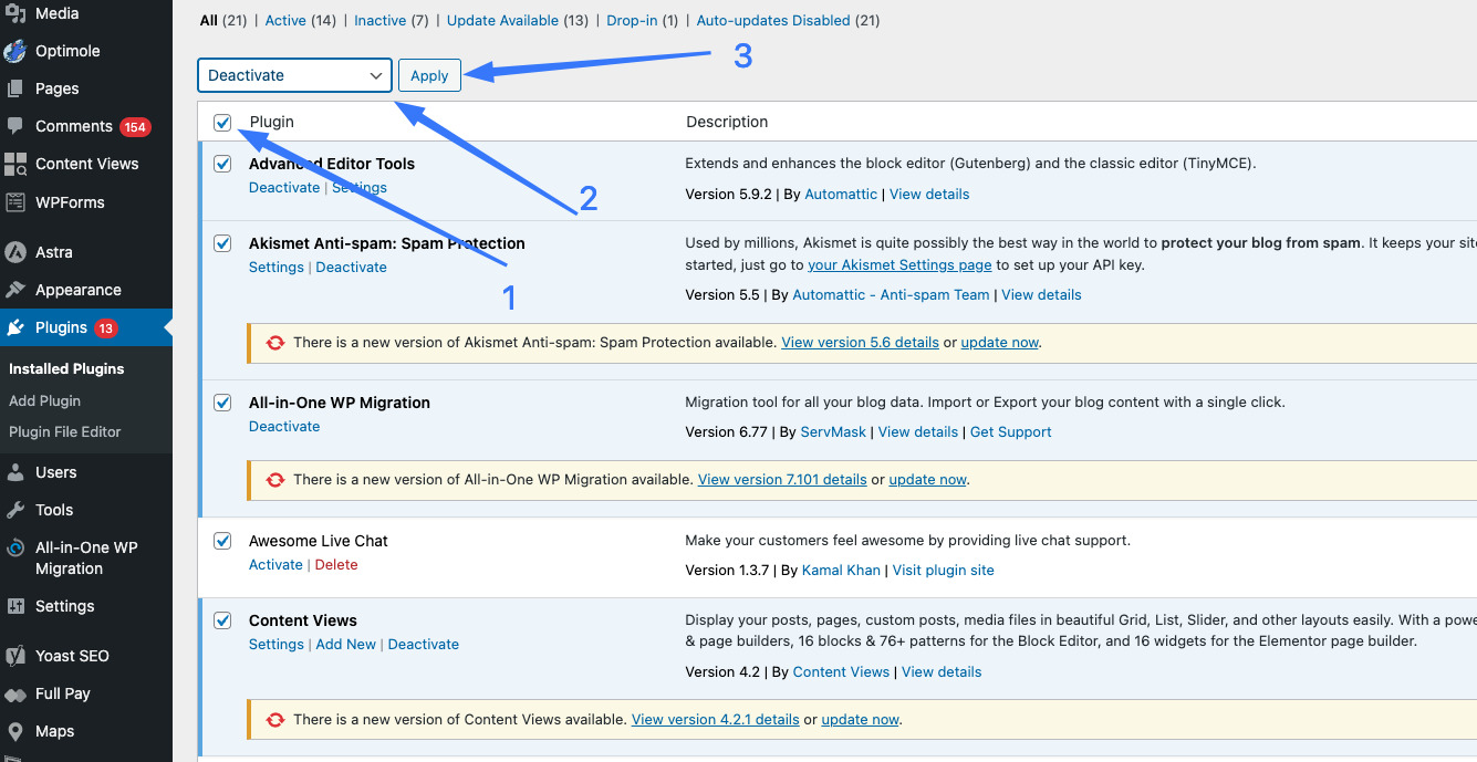 Khắc phục lỗi "There has been an error cropping your image” 18 Chọn Deactive cho tất cả các plugin đang hoạt động
