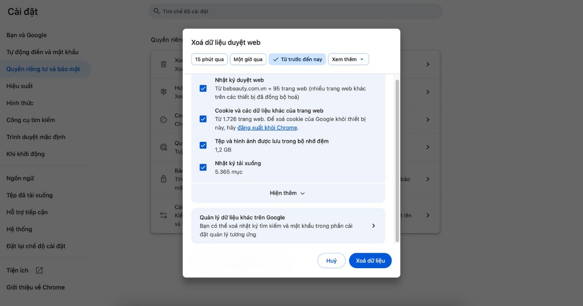 Xóa cache, cookie và cache SSL trên trình duyệt