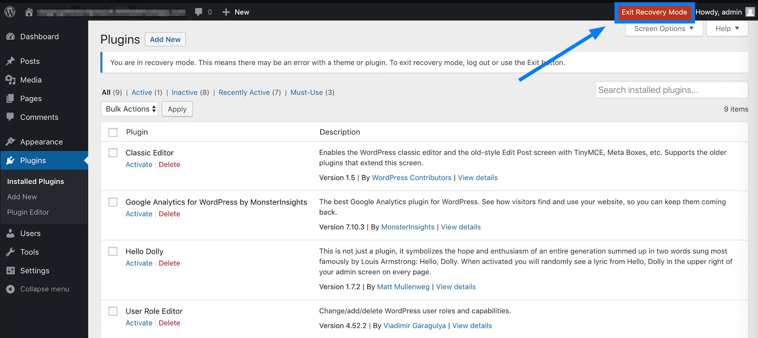 Chọn Exit Recovery Mode để áp dụng thay đổi cho toàn bộ website
