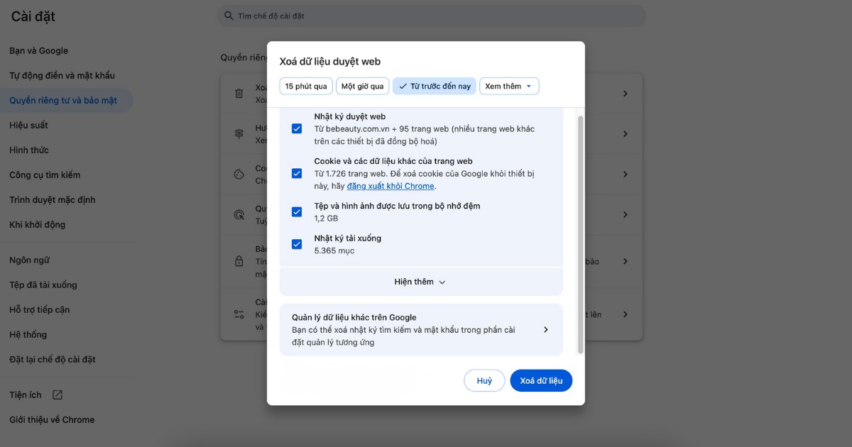 Xóa cache trình duyệt