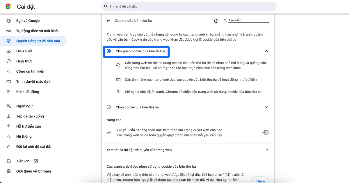 Đảm bảo tùy chọn cho phép website lưu và đọc cookie đang được bật