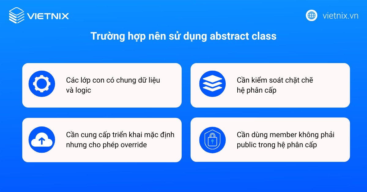 Abstract class phù hợp cho các nhóm lớp có quan hệ gần nhau và cần chia sẻ cả trạng thái lẫn hành vi chung