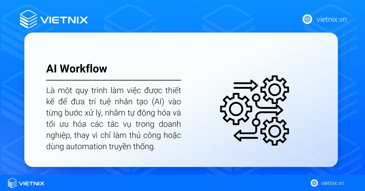AI Workflow là một chuỗi công việc được xây dựng để tích hợp trí tuệ nhân tạo vào từng khâu xử lý