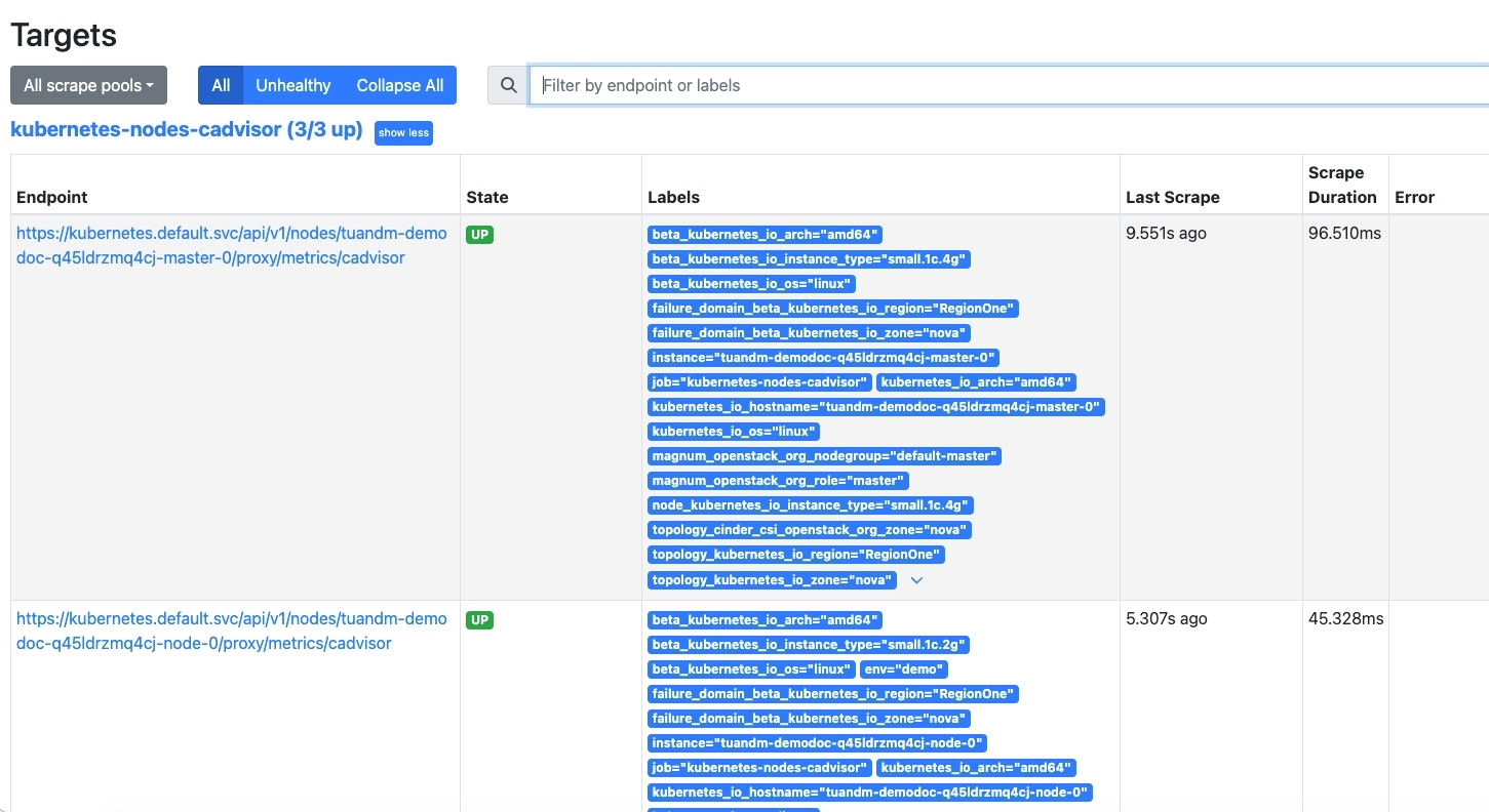Kiểm tra Prometheus đã nhận cấu hình kubernetes-nodes-cadvisor