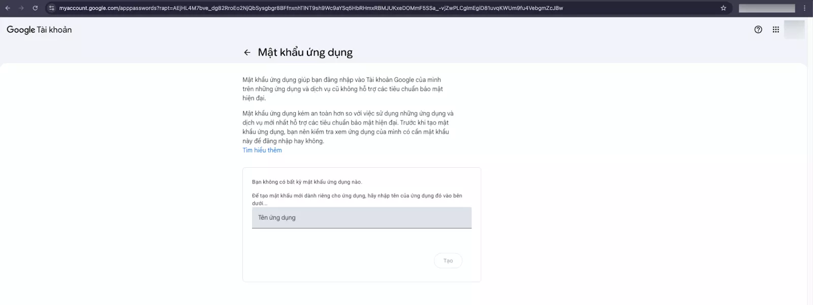 Truy cập trang App Password