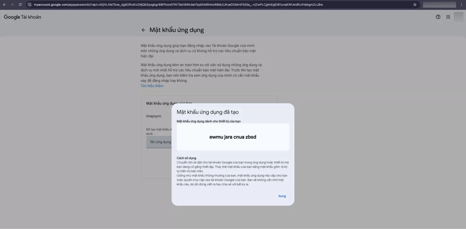 Sao chép App Password