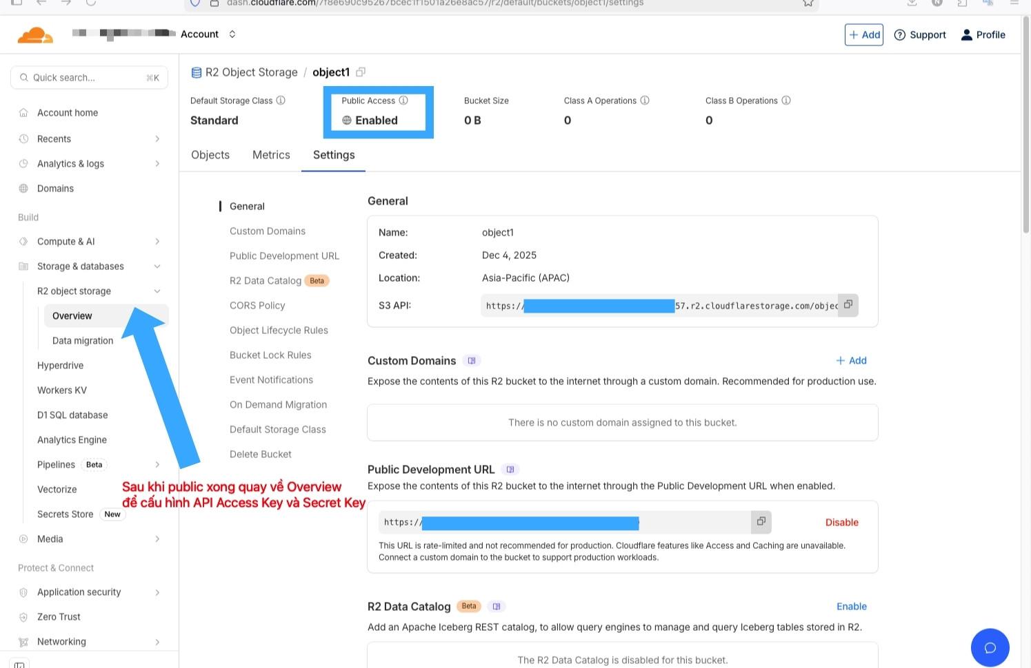 Cloudflare R2 là gì? So sánh chi tiết Cloudflare R2 và S3 AWS 35 Quay về Overview để cấu hình API Access Key