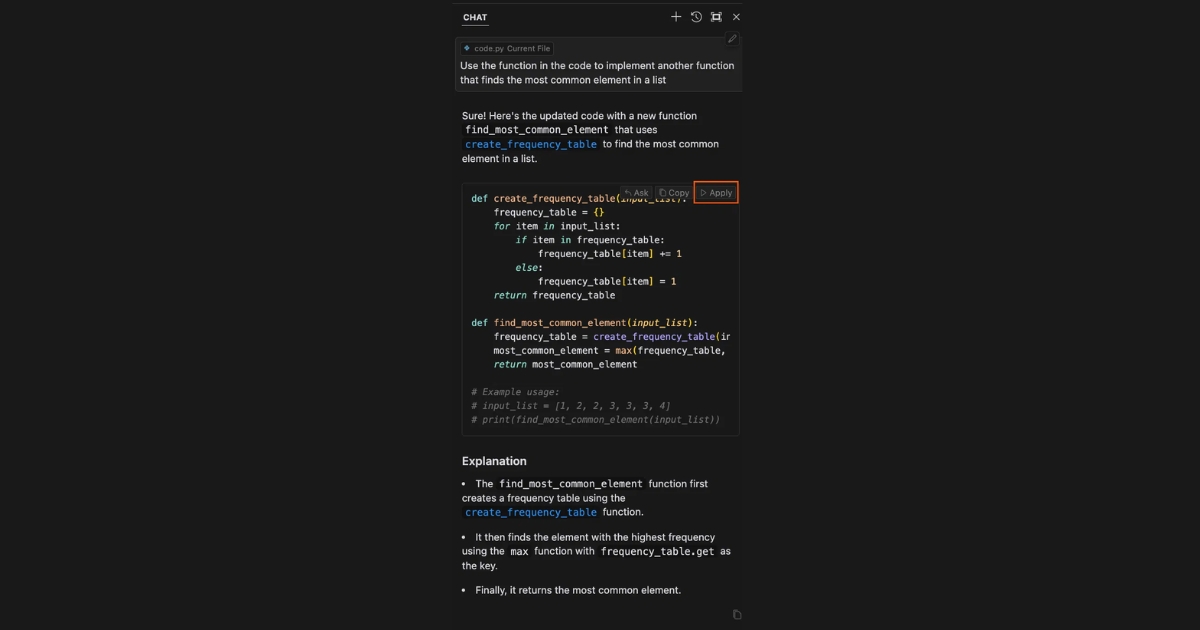 Bạn cũng có thể yêu cầu AI sinh code thông qua cửa sổ trò chuyện