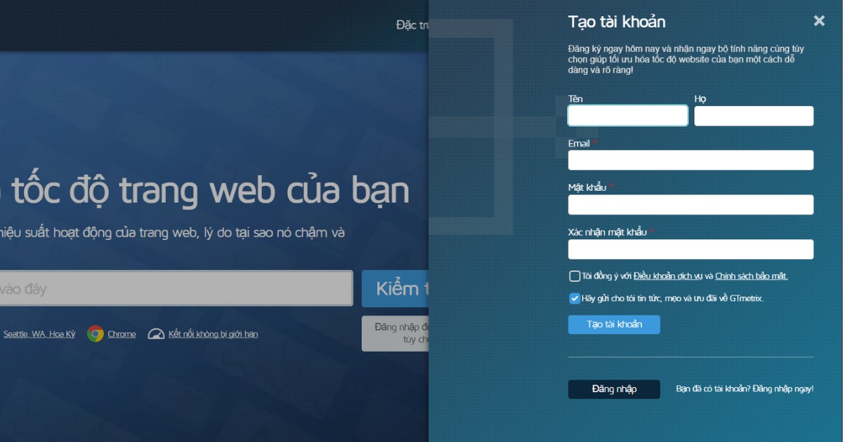 Bạn cần truy cập trang chủ GTMetrix, đăng ký tài khoản miễn phí bằng email