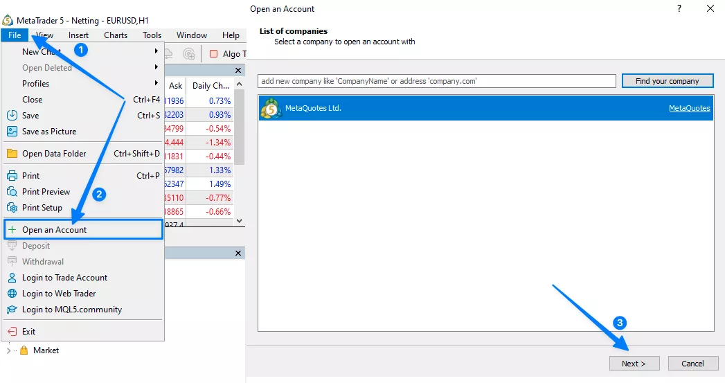 Vào menu File và chọn Open an Account