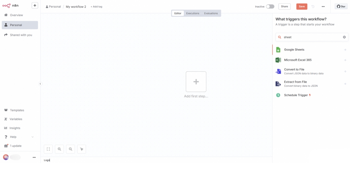 Hướng dẫn kết nối Google Sheet với n8n đơn giản, nhanh chóng 41 Trong giao diện n8n, tạo một workflow mới