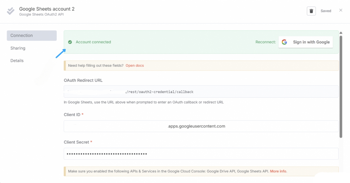 Hướng dẫn kết nối Google Sheet với n8n đơn giản, nhanh chóng 45 Hệ thống sẽ hiển thị thông báo kết nối thành công