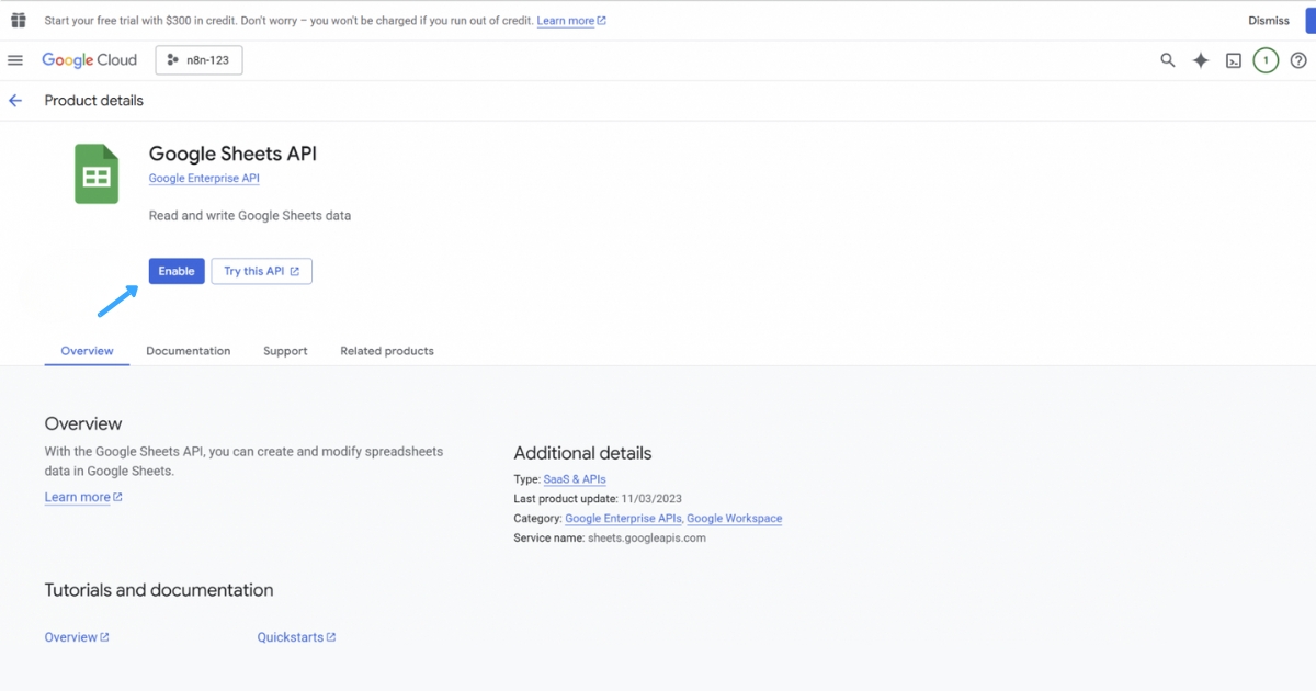Hướng dẫn kết nối Google Sheet với n8n đơn giản, nhanh chóng 33 Nhấp vào API đó và bấm nút Enable