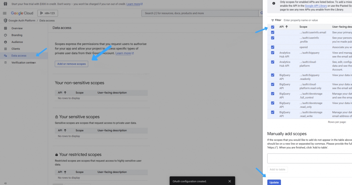 Hướng dẫn kết nối Google Sheet với n8n đơn giản, nhanh chóng 37 Chọn Add or remove scopes