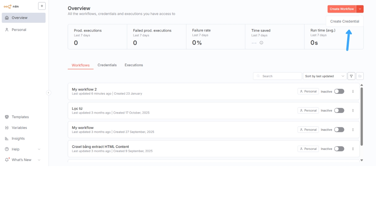 Cách kết nối n8n với Zalo để tự động hóa các quy trình làm việc chi tiết 33 Bạn truy cập lại trang Overview, nhấn vào mũi tên xổ xuống