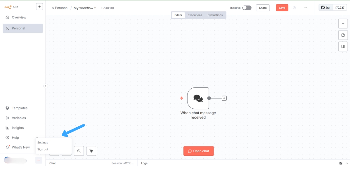 Cách kết nối n8n với Zalo để tự động hóa các quy trình làm việc chi tiết 24 Bạn nhấn vào biểu tượng dấu ba chấm bên cạnh tên người dùng