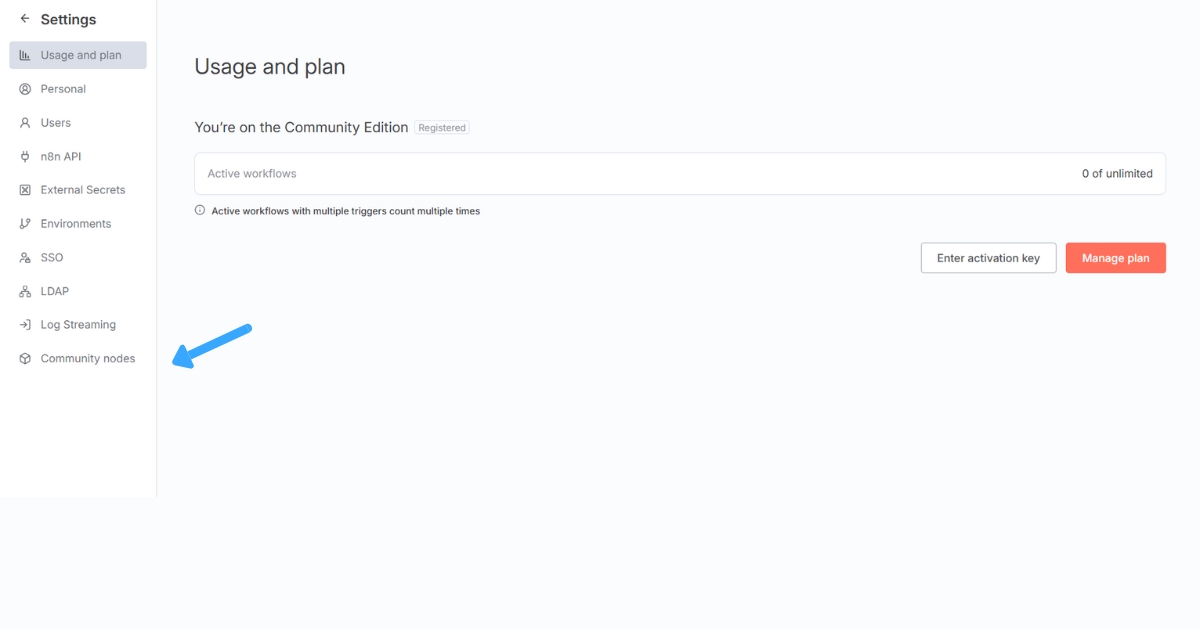 Cách kết nối n8n với Zalo để tự động hóa các quy trình làm việc chi tiết 25 Bên trong mục Settings, bạn chọn Community nodes