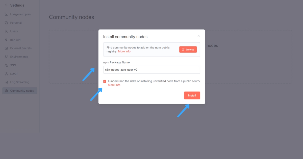 Cách kết nối n8n với Zalo để tự động hóa các quy trình làm việc chi tiết 28 Sau đó, bạn tick chọn vào ô và nhấn Install