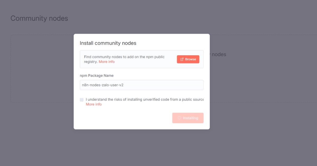 Cách kết nối n8n với Zalo để tự động hóa các quy trình làm việc chi tiết 29 Lúc này, bạn sẽ thấy thông báo Installing